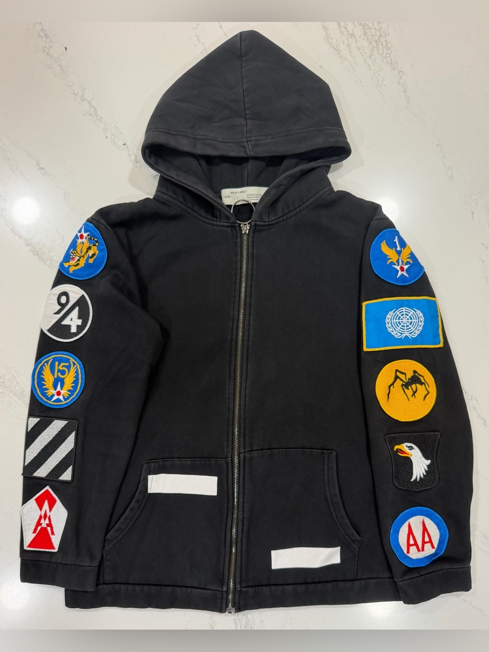 Off-White Virgil Abloh - Zip Up Hoodie w/ Diagonal Logo & Patched Sleeves | XL